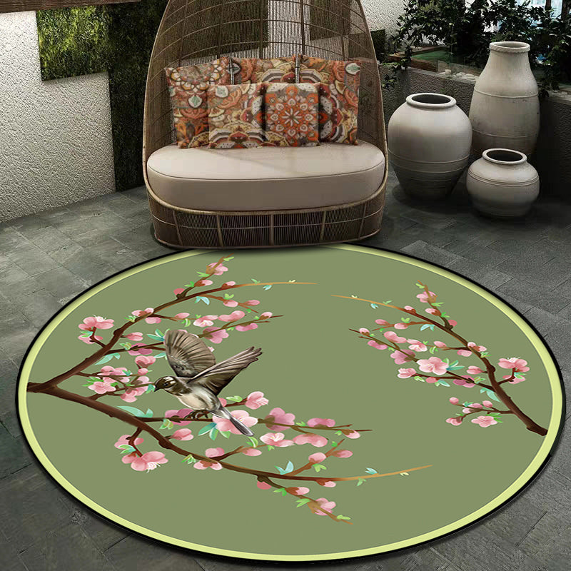 Stornfield | Vintage Floral Patterned Bird Polyester Green Machine Washable Rug Non-Slip Mat for Bedroom