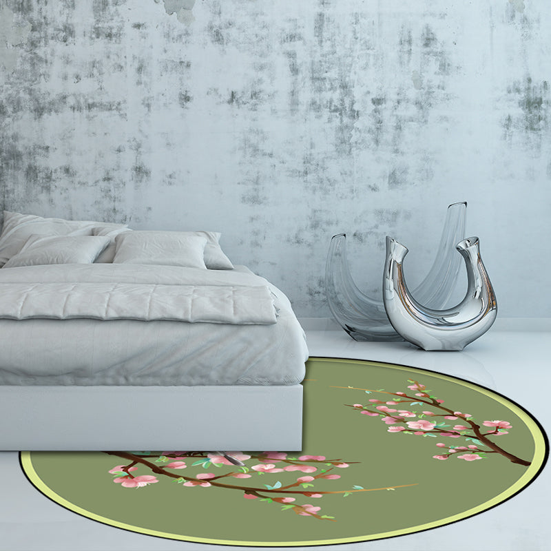 Stornfield | Vintage Floral Patterned Bird Polyester Green Machine Washable Rug Non-Slip Mat for Bedroom