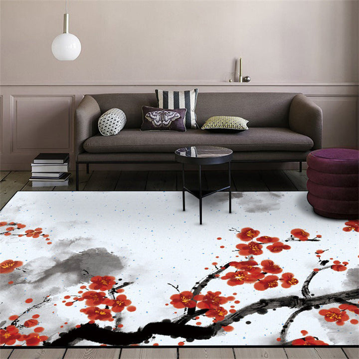Stornfield | Red and White Oriental Polyester Ink Paint Pattern Washable Non-Slip Bedroom Rug