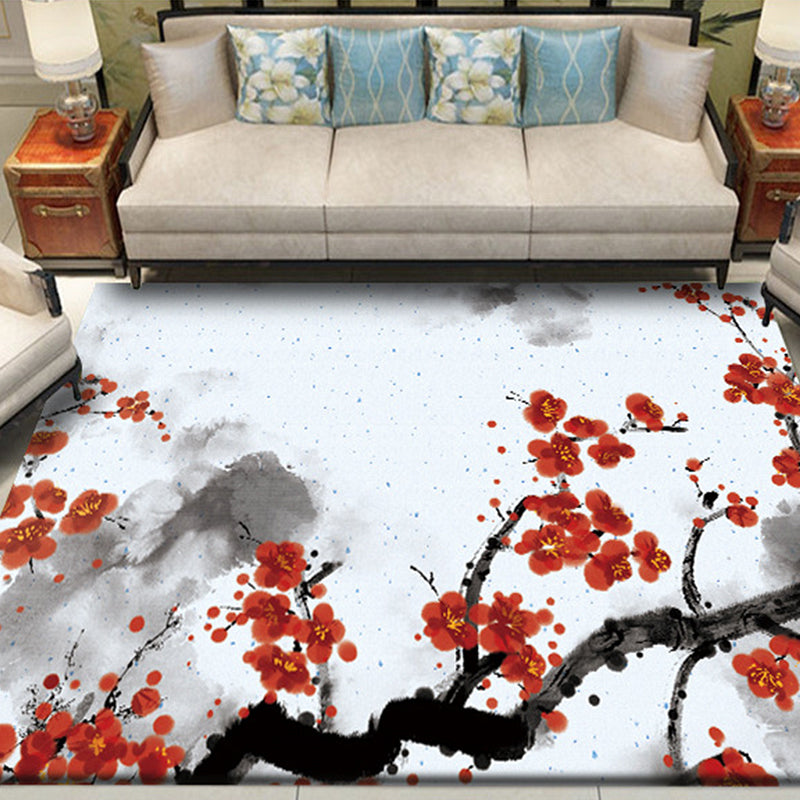 Stornfield | Red and White Oriental Polyester Ink Paint Pattern Washable Non-Slip Bedroom Rug