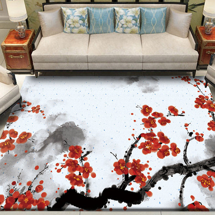 Stornfield | Red and White Oriental Polyester Ink Paint Pattern Washable Non-Slip Bedroom Rug
