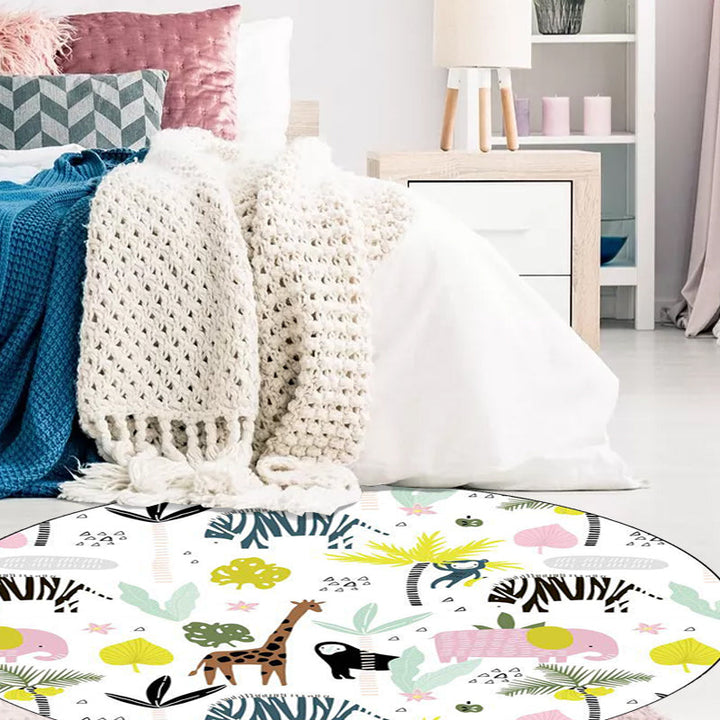 Stornfield | White Children's Bedroom Rug Giraffe Zebra Elephant Animal Pattern Play Mat Polyester Non-Slip Rug
