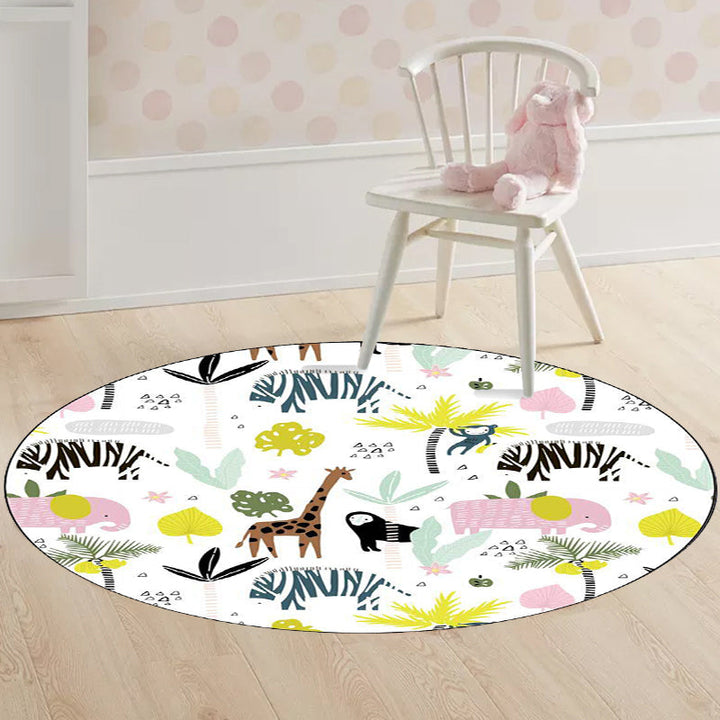 Stornfield | White Children's Bedroom Rug Giraffe Zebra Elephant Animal Pattern Play Mat Polyester Non-Slip Rug