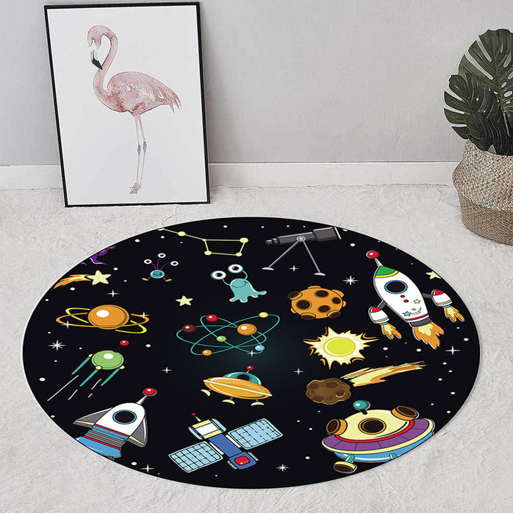 Stornfield | Unique Kids Rug in Black Outer Space Aircraft Planet Star Patterns Polyester Carpet Pet Friendly Area Rug for Children's Bedroom