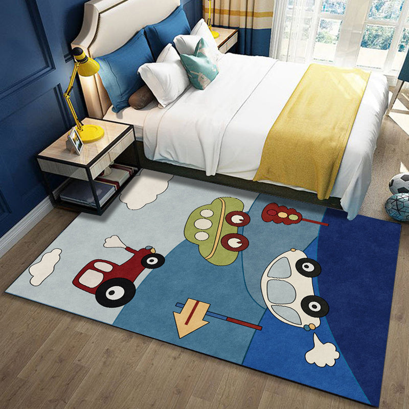 Stornfield | Blue Kids Bedroom Rug Cars and Roads Pattern Cloud Report Polyester Rug Washable Pet Friendly