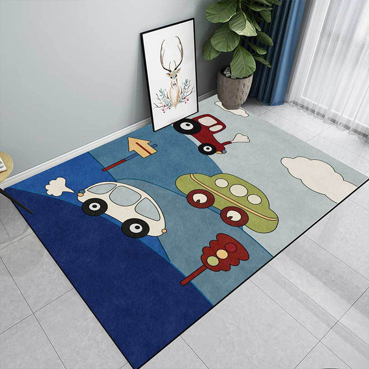 Stornfield | Blue Kids Bedroom Rug Cars and Roads Pattern Cloud Report Polyester Rug Washable Pet Friendly
