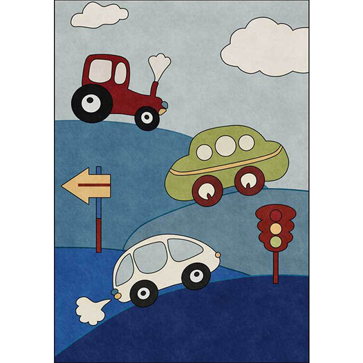 Stornfield | Blue Kids Bedroom Rug Cars and Roads Pattern Cloud Report Polyester Rug Washable Pet Friendly