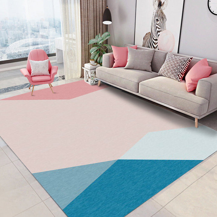 Stornfield | New Living Room Rug with Pink and Blue Color Block Print Stain-Resistant Polyester Rug Washable Rug