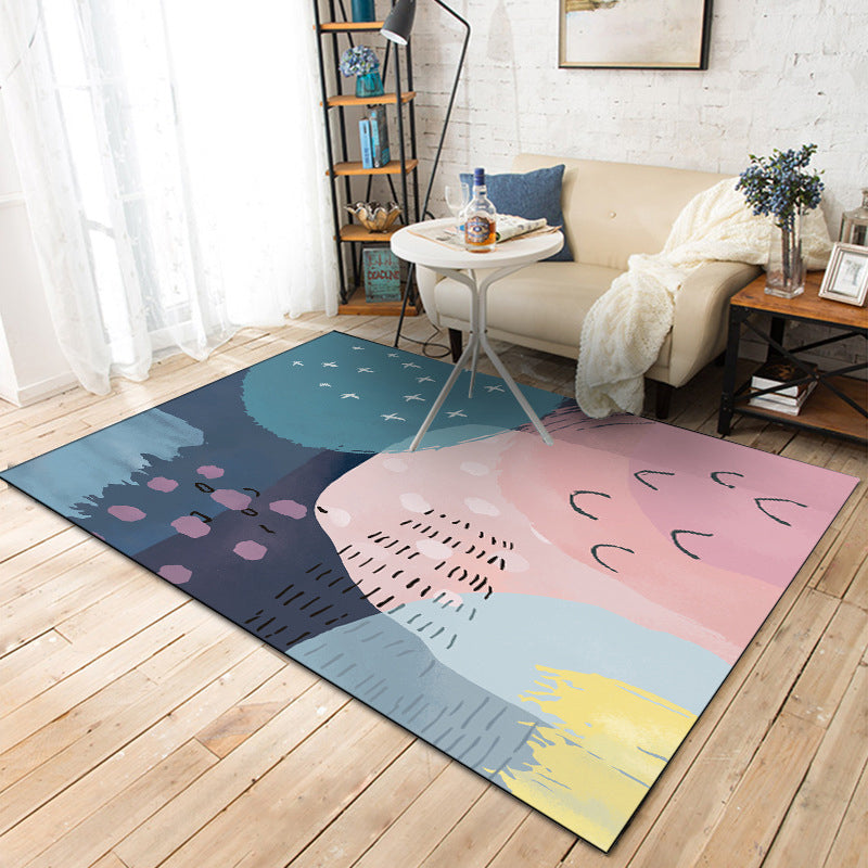 Stornfield | Original pink and blue living room rug with color block patterns Machine washable polyester rug