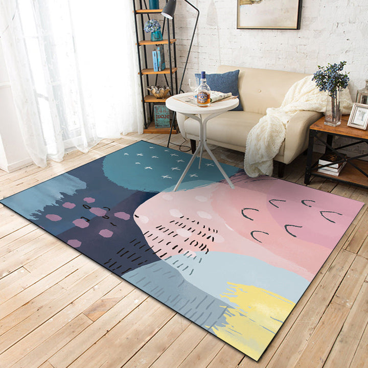 Stornfield | Original pink and blue living room rug with color block patterns Machine washable polyester rug