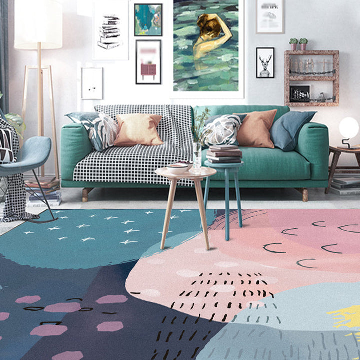 Stornfield | Original pink and blue living room rug with color block patterns Machine washable polyester rug