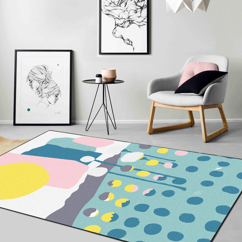 Stornfield | Blue and White Color Block and Dots Pattern Bedroom Rug Washable Non-Slip Polyester Area Rug