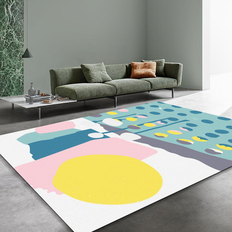 Stornfield | Blue and White Color Block and Dots Pattern Bedroom Rug Washable Non-Slip Polyester Area Rug