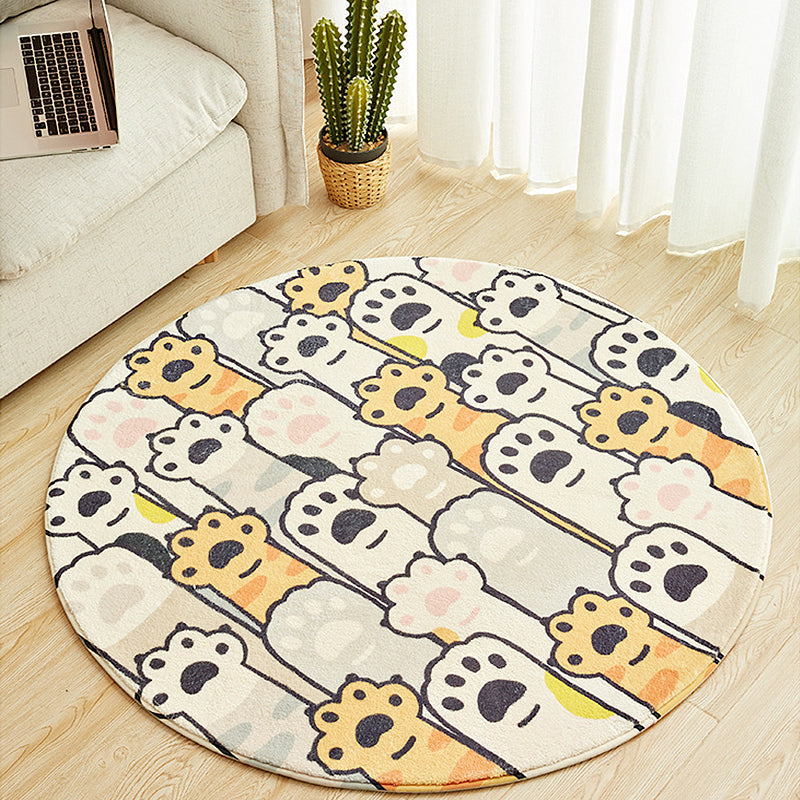 Stornfield | Yellow and White Polyester Children's Rug with Cat Paw Print Pattern Non-Slip Washable Rug for Kids' Bedroom