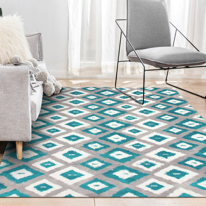 Stornfield | Blue and Grey Bedroom Rug Geometric Diamond Pattern Novelty Area Rug Pet-Friendly Polyester Mat