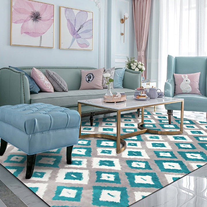Stornfield | Blue and Grey Bedroom Rug Geometric Diamond Pattern Novelty Area Rug Pet-Friendly Polyester Mat