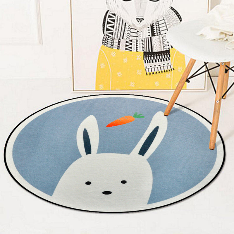 Stornfield | Blue and Ivory Kids' Bedroom Rug Animal Kids Pattern Rabbit Owl Elephant Penguin Polyester Rug Washable