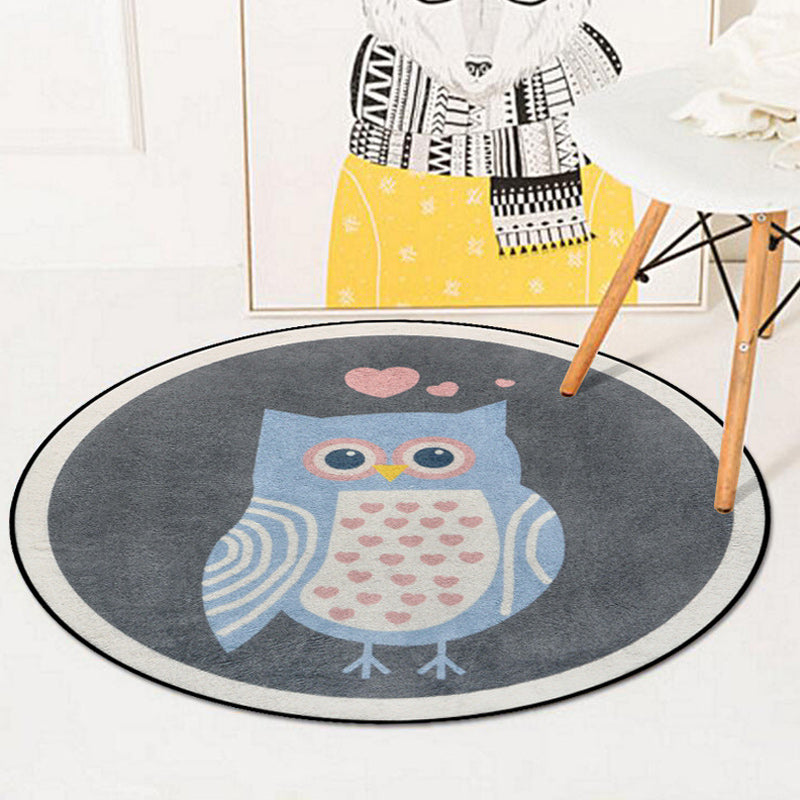 Stornfield | Blue and Ivory Kids' Bedroom Rug Animal Kids Pattern Rabbit Owl Elephant Penguin Polyester Rug Washable