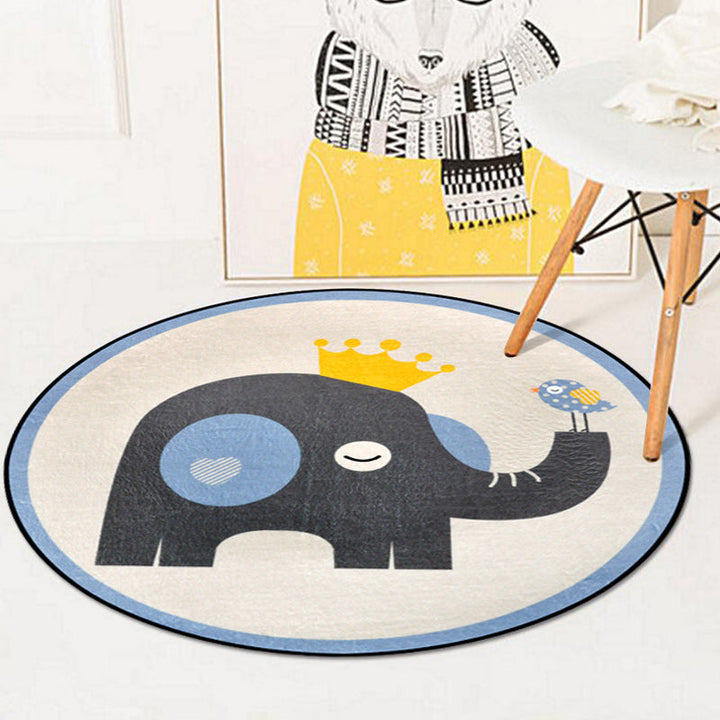 Stornfield | Blue and Ivory Kids' Bedroom Rug Animal Kids Pattern Rabbit Owl Elephant Penguin Polyester Rug Washable