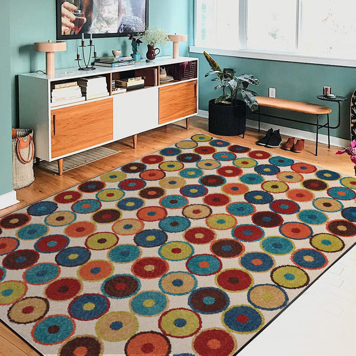 Stornfield | Nordic Novelty Red and Yellow Circles Geometric Pattern Dotted Waves Pet Friendly Polyester Area Rug for Indoor Home Décor