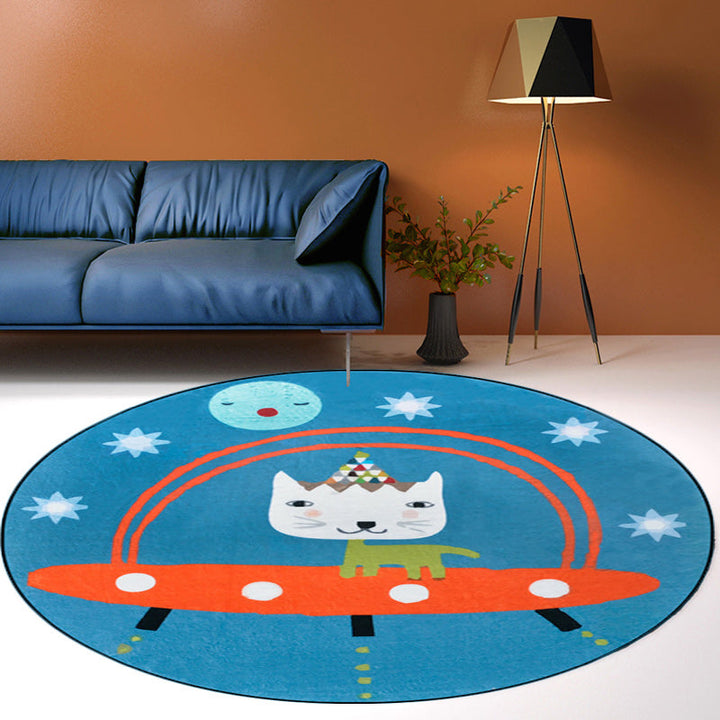 Stornfield | Blue Spaceship Animal Cat Pattern Polyester Kids Rug, Non-Slip Children's Room Carpet