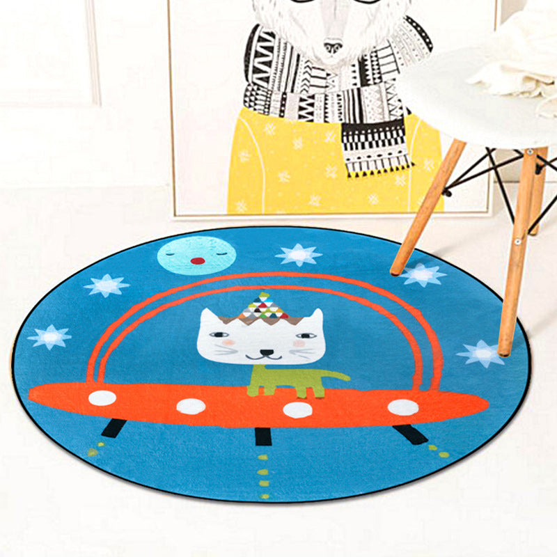 Stornfield | Blue Spaceship Animal Cat Pattern Polyester Kids Rug, Non-Slip Children's Room Carpet