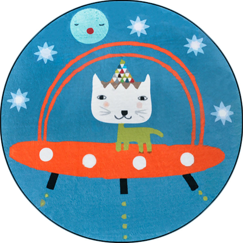 Stornfield | Blue Spaceship Animal Cat Pattern Polyester Kids Rug, Non-Slip Children's Room Carpet