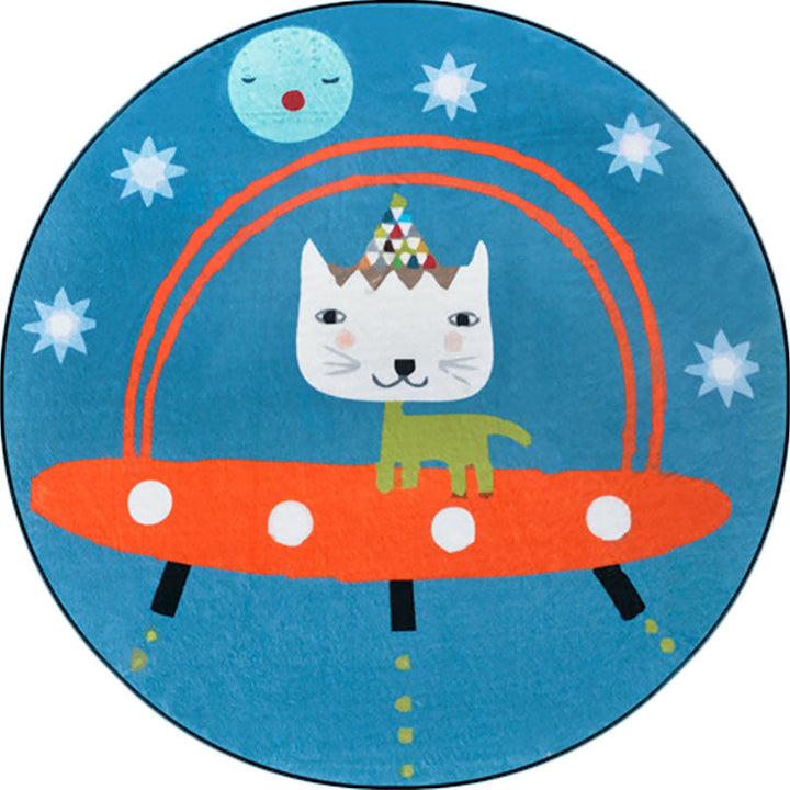 Stornfield | Blue Spaceship Animal Cat Pattern Polyester Kids Rug, Non-Slip Children's Room Carpet