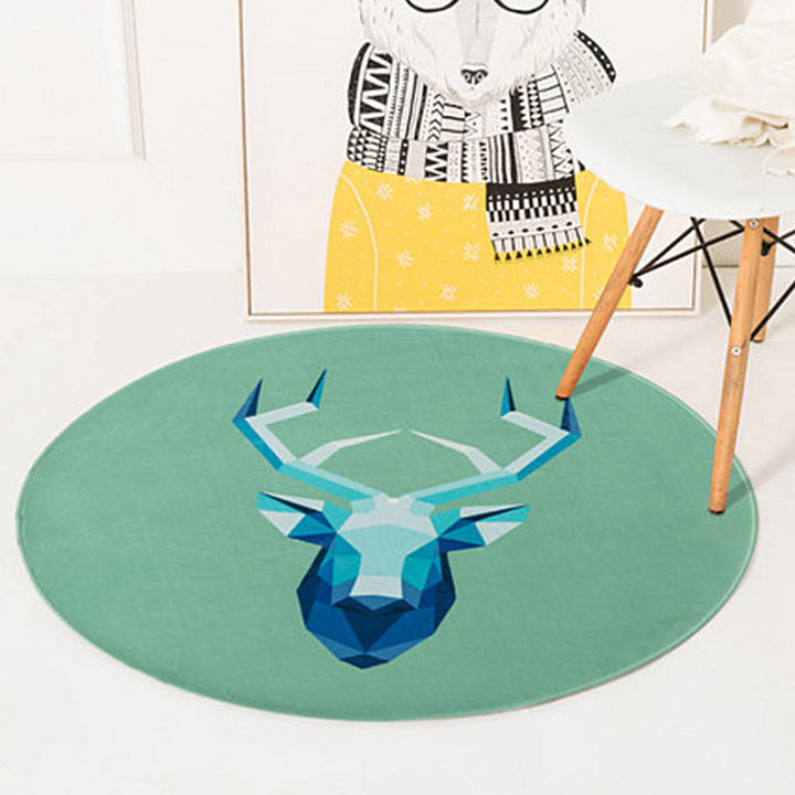 Stornfield | Green and Yellow Kids' Bedroom Rug Fawn Bear Wolf Cat Animal Pattern Non-slip Polyester Mat