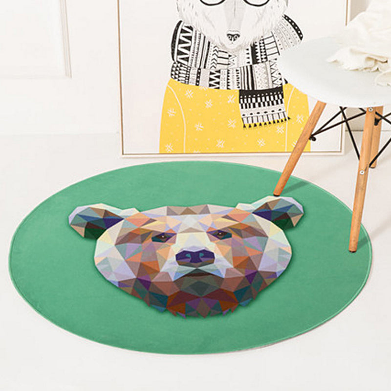Stornfield | Green and Yellow Kids' Bedroom Rug Fawn Bear Wolf Cat Animal Pattern Non-slip Polyester Mat