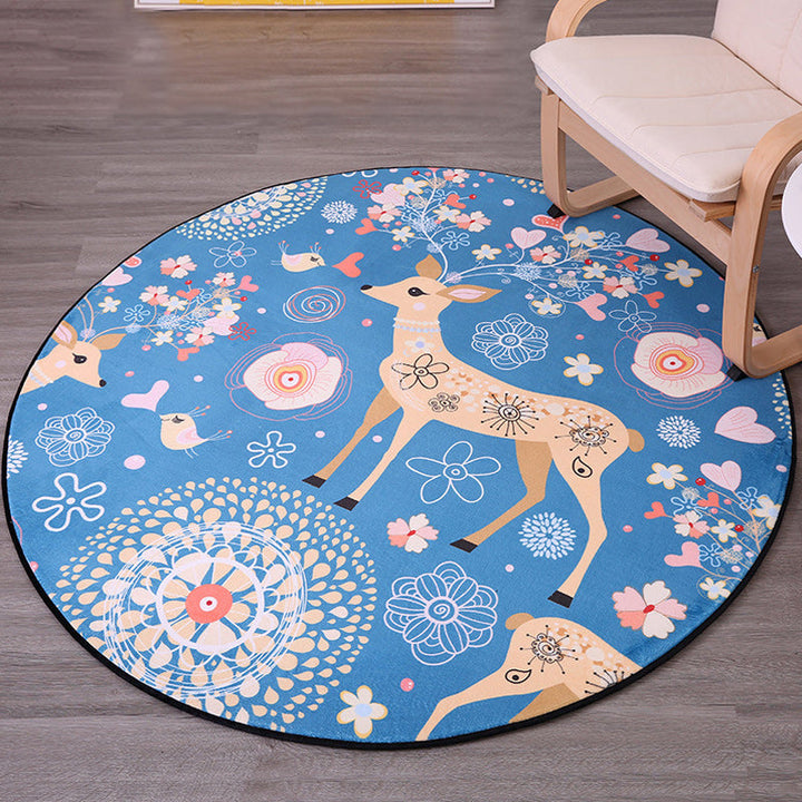 Stornfield | Children's Bedroom Rug in Blue with Floral Fawn Animal Motif in Polyester, Stain Resistant Rug
