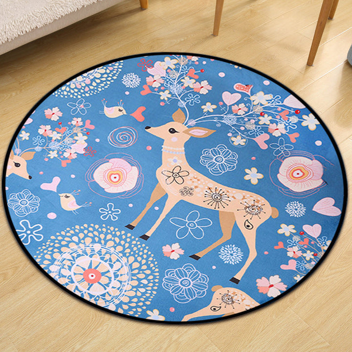 Stornfield | Children's Bedroom Rug in Blue with Floral Fawn Animal Motif in Polyester, Stain Resistant Rug