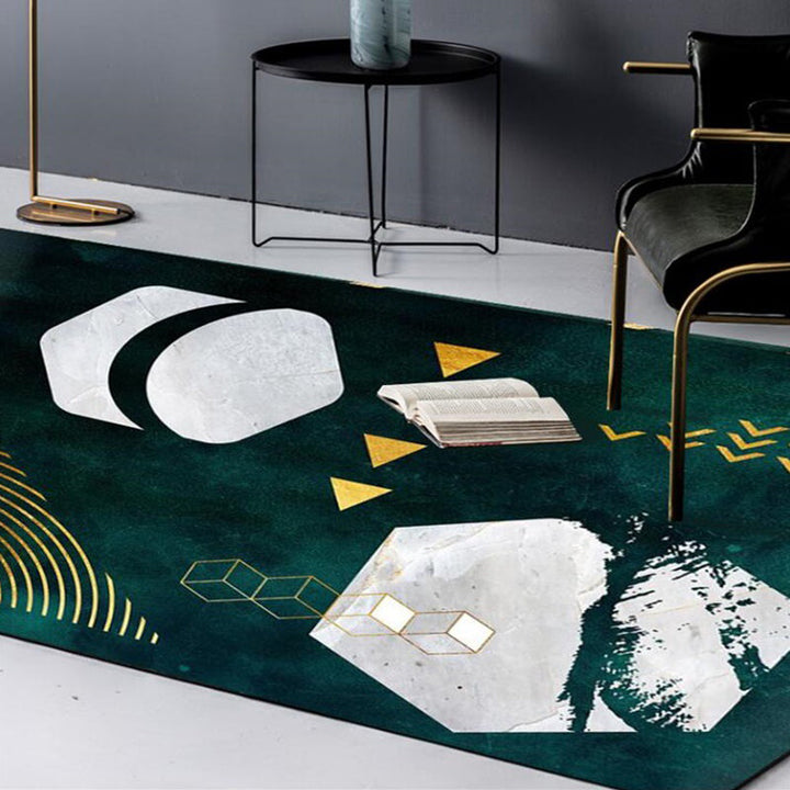Stornfield | Dark Green Novelty Geometric Print Polyester Area Rug Machine Washable Non-Slip Area Rug for Bedroom