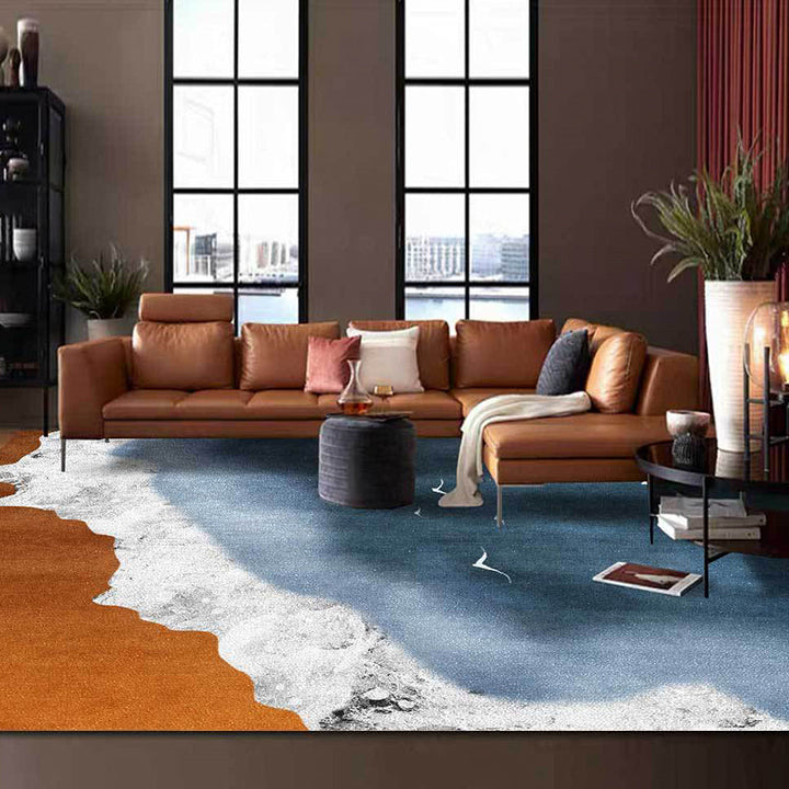 Stornfield | Brown and Blue Contemporary Polyester Geometric Pattern Washable Rug with Non-Slip Backing Living Room Rug