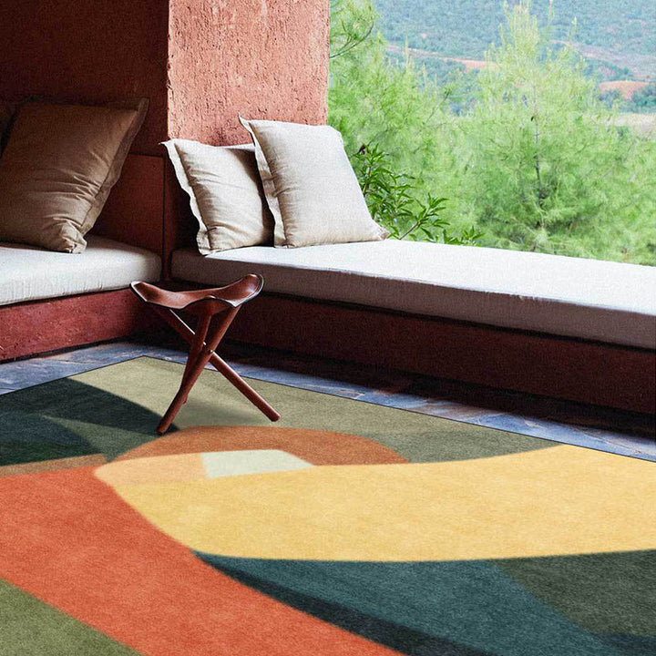 Stornfield | Original Living Room Rug Colorful Block Print Rug Stain Resistant Polyester Rug Washable Area Rug