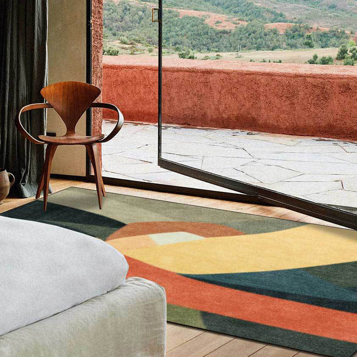 Stornfield | Original Living Room Rug Colorful Block Print Rug Stain Resistant Polyester Rug Washable Area Rug