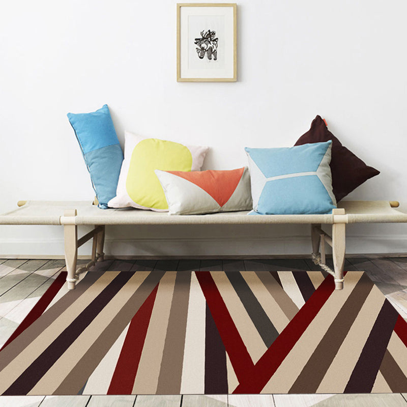 Stornfield | Novelty living room rug in brown with geometric stripe design, non-slip polyester rug, washable rug