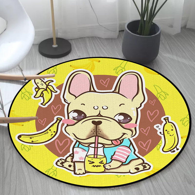 Stornfield | Beautiful polyester children's rug with a dog, banana and pink and yellow balloon pattern, washable rug for kids' room
