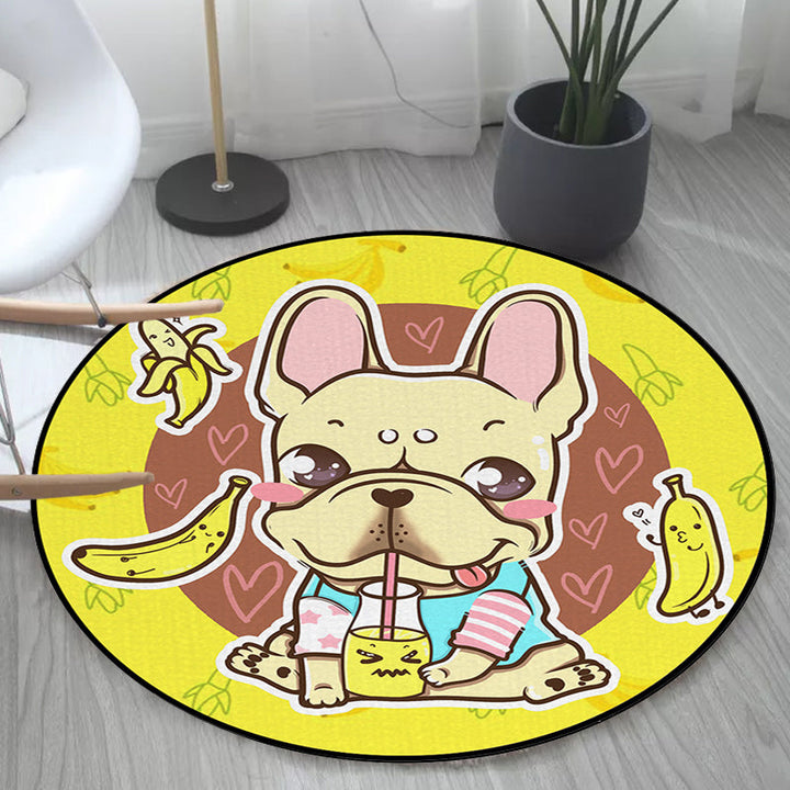Stornfield | Beautiful polyester children's rug with a dog, banana and pink and yellow balloon pattern, washable rug for kids' room