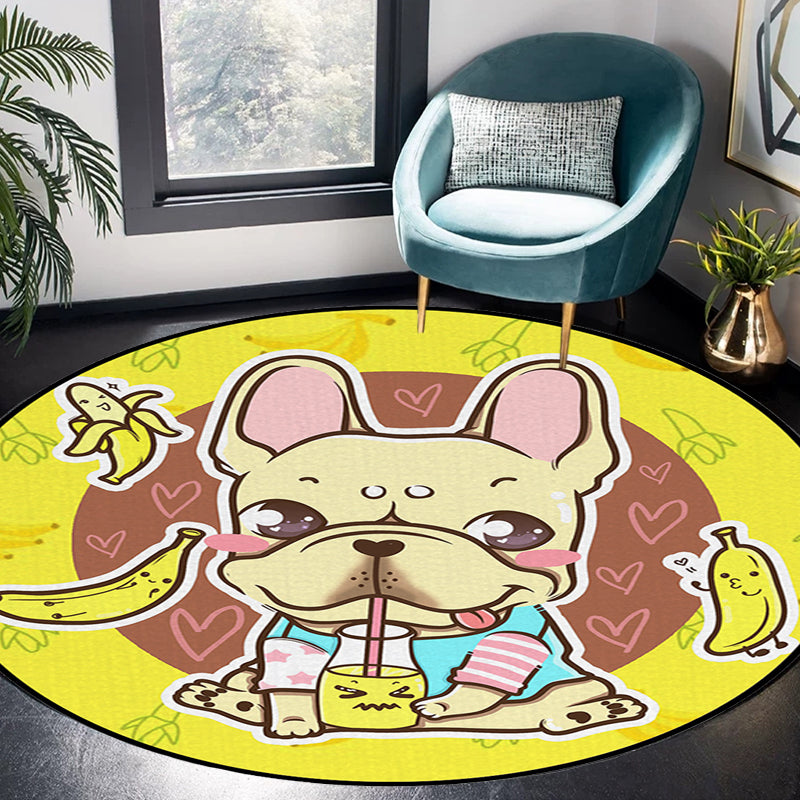 Stornfield | Beautiful polyester children's rug with a dog, banana and pink and yellow balloon pattern, washable rug for kids' room