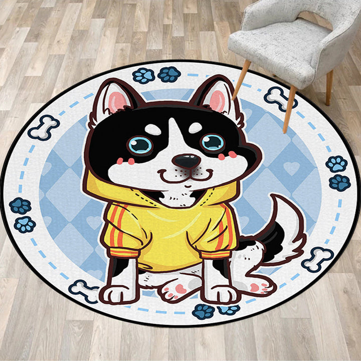 Stornfield | Beautiful polyester children's rug with a dog, banana and pink and yellow balloon pattern, washable rug for kids' room