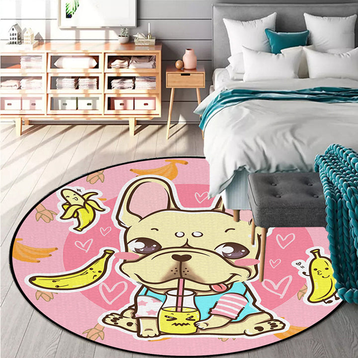 Stornfield | Beautiful polyester children's rug with a dog, banana and pink and yellow balloon pattern, washable rug for kids' room