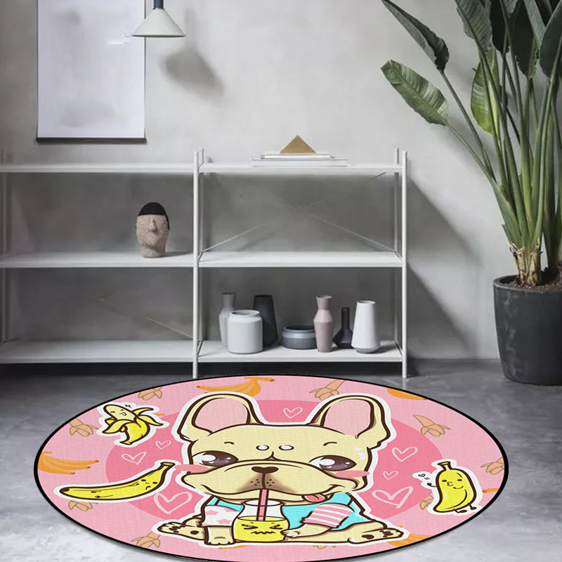 Stornfield | Beautiful polyester children's rug with a dog, banana and pink and yellow balloon pattern, washable rug for kids' room