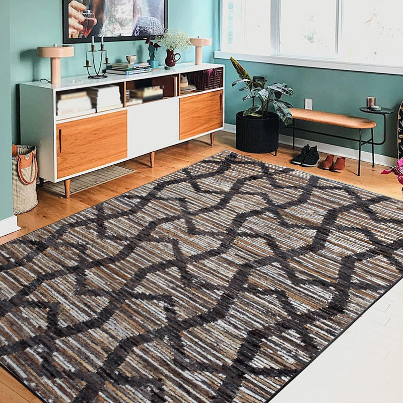 Stornfield | Brown Bedroom Rug Geometric Striped Wave Pattern Polyester Rug Non-slip Carpet
