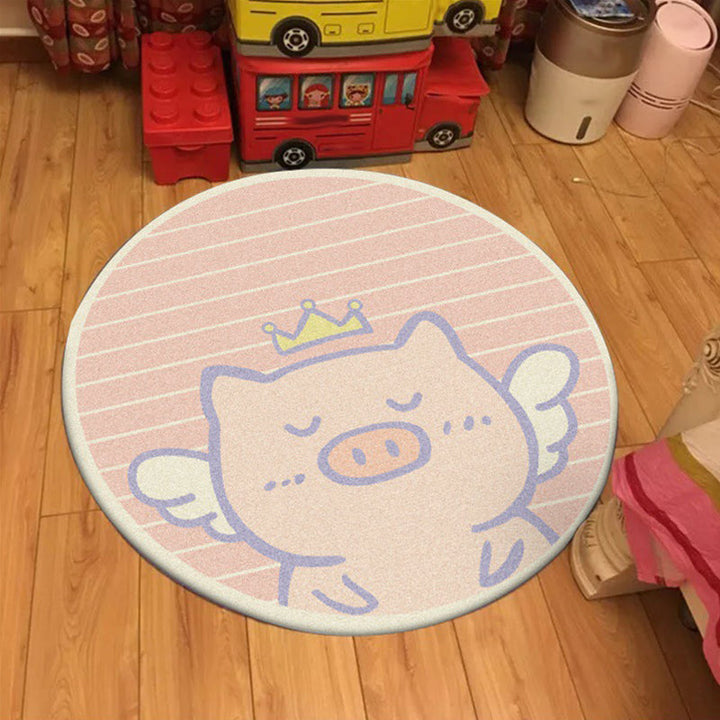 Stornfield | Unique Children's Rug in Pink Animal Pig Wings Stripe Machine Washable Polyester Rug for Nursery