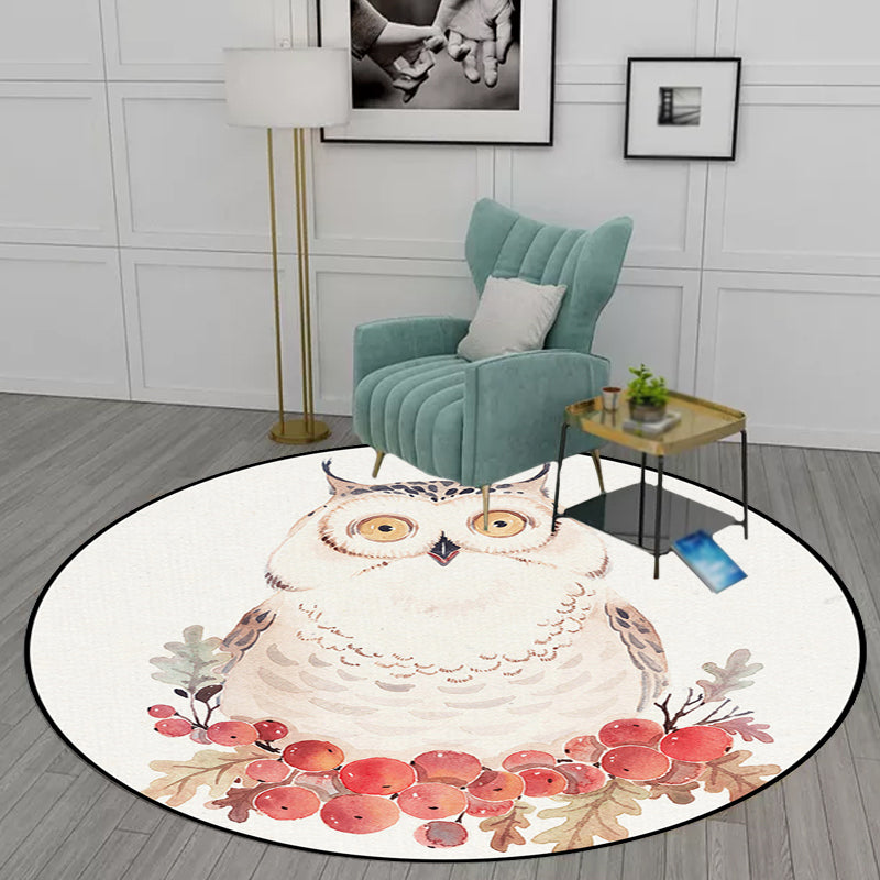 Stornfield | Cute Kids' Rug in White Polyester with Owl, Rabbit, Sloth Animal Pattern, Non-Slip Washable Rug for Children's Bedroom
