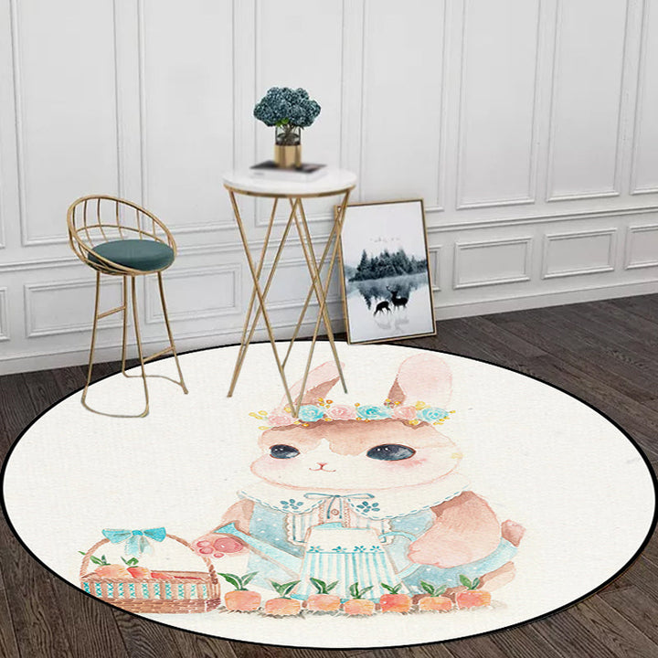 Stornfield | Cute Kids' Rug in White Polyester with Owl, Rabbit, Sloth Animal Pattern, Non-Slip Washable Rug for Children's Bedroom