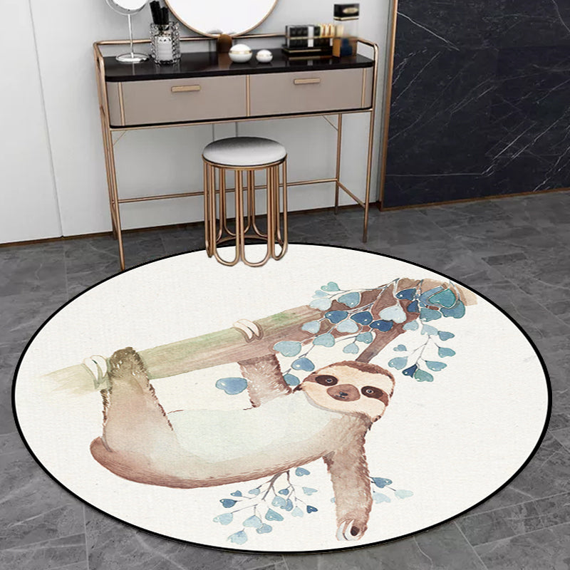 Stornfield | Cute Kids' Rug in White Polyester with Owl, Rabbit, Sloth Animal Pattern, Non-Slip Washable Rug for Children's Bedroom