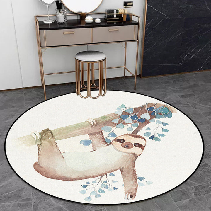 Stornfield | Cute Kids' Rug in White Polyester with Owl, Rabbit, Sloth Animal Pattern, Non-Slip Washable Rug for Children's Bedroom