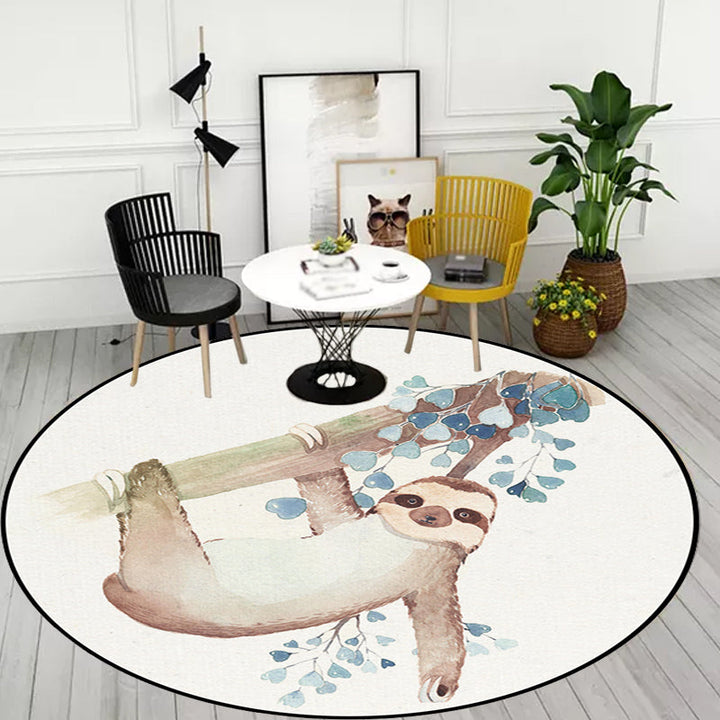 Stornfield | Cute Kids' Rug in White Polyester with Owl, Rabbit, Sloth Animal Pattern, Non-Slip Washable Rug for Children's Bedroom